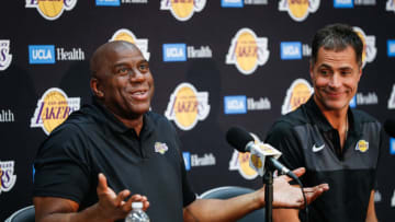 EL SEGUNDO, CA - SEPTEMBER 20: Earvin "Magic" Johnson and Rob Pelinka discuss the upcoming Los Angeles Lakers' season at UCLA Health Training Center on September 20, 2018 in El Segundo, California. (Photo by Meg Oliphant/Getty Images)