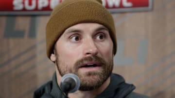 HOUSTON, TX - JANUARY 30: Chris Long #95 of the New England Patriots speaks with the media during Super Bowl 51 Opening Night at Minute Maid Park on January 30, 2017 in Houston, Texas. (Photo by Tim Warner/Getty Images)