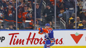 Edmonton Oilers forward Connor McDavid (97) celebrates a goal, his 50th of the season. Mandatory Credit: Perry Nelson-USA TODAY Sports