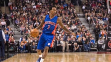 Jan 12, 2015; Toronto, Ontario, CAN; Detroit Pistons guard Brandon Jennings (7) looks to play a ball during the first quarter in a game against the Toronto Raptors at Air Canada Centre. The Detroit Pistons won 114-111. Mandatory Credit: Nick Turchiaro-USA TODAY Sports