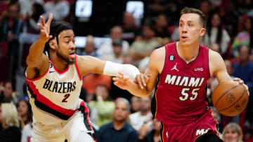 Miami Heat guard Duncan Robinson (55) drives past Portland Trail Blazers forward Trendon Watford (2)(Rich Storry-USA TODAY Sports)