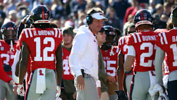 Nov 18, 2023; Oxford, Mississippi, USA; Mississippi Rebels head coach Lane Kiffin reacts after a touchdown during the second half against the Louisiana Monroe Warhawks at Vaught-Hemingway Stadium. Mandatory Credit: Petre Thomas-USA TODAY Sports
