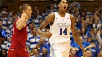 Dec 2, 2015; Durham, NC, USA; Duke Blue Devils guard Brandon Ingram (14) reacts after scoring against the Indiana Hoosiers in their game at Cameron Indoor Stadium. Mandatory Credit: Mark Dolejs-USA TODAY Sports