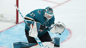 Jan 15, 2022; San Jose, California, USA; San Jose Sharks goaltender Adin Hill (33) makes a save during the third period against the Pittsburgh Penguins at SAP Center at San Jose. Mandatory Credit: Darren Yamashita-USA TODAY Sports