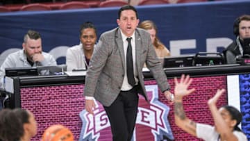 Mississippi State Coach Sam Purcell watches action with Texas A&M University during the third quarter of the SEC Women's Basketball Tournament at Bon Secours Wellness Arena in Greenville, S.C. Thursday, March 2, 2023. Texas A&M won 79-72.Texas A M Vs Mississippi State 2023 Sec Women S Basketball Tournament In Greenville Sc