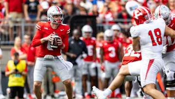 COLUMBUS, OHIO - SEPTEMBER 9: Kyle McCord #6 of the Ohio State Buckeyes looks for an open receiver during the third quarter of the game against the Youngstown State Penguins at Ohio Stadium on September 9, 2023 in Columbus, Ohio. The Buckeyes beat the Penguins 35-7. (Photo by Lauren Leigh Bacho/Getty Images)