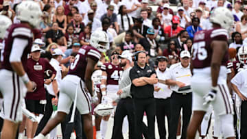 Sep 16, 2023; Starkville, Mississippi, USA; Mississippi State Bulldogs head coach Zach Arnett looks onto the field during the second quarter against the LSU Tigers at Davis Wade Stadium at Scott Field. Mandatory Credit: Matt Bush-USA TODAY Sports