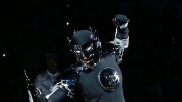 NEW YORK, NY - NOVEMBER 03: (NEW YORK DAILIES OUT) The 'Brooklyn Knight', mascot of the Brooklyn Nets , is introduced before a game against the Toronto Raptors at the Barclays Center on November 3, 2012 in the Brooklyn borough of New York City.The Nets defeated the Raptors 107-100 to win the first regular season game to be played at the new Barclays Center. NOTE TO USER: User expressly acknowledges and agrees that, by downloading and/or using this Photograph, user is consenting to the terms and conditions of the Getty Images License Agreement. (Photo by Jim McIsaac/Getty Images)