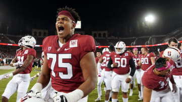 Stanford Cardinal offensive tackle Walter Rouse (75) celebrates (Darren Yamashita-USA TODAY Sports)