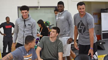 EL SEGUNDO, CA- JULY 18: Lonzo Ball #2, Ivica Zubac #40, Larry Nance Jr. #7, Kyle Kuzma #0 and Thomas Bryant #31 of the Los Angeles Lakers attend a press conference in El Segundo, California at the Toyota Sports Center on July, 18, 2017. NOTE TO USER: User expressly acknowledges and agrees that, by downloading and or using this photograph, User is consenting to the terms and conditions of the Getty Images License Agreement. Mandatory Copyright Notice: Copyright 2017 NBAE (Photo by Andrew D. Bernstein/NBAE via Getty Images)