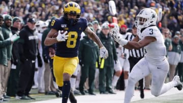 Nov 16, 2019; Ann Arbor, MI, USA; Michigan Wolverines wide receiver Ronnie Bell (8) is forced out of bounds by Michigan State Spartans safety Xavier Henderson (3) in the first half at Michigan Stadium. Mandatory Credit: Rick Osentoski-USA TODAY Sports