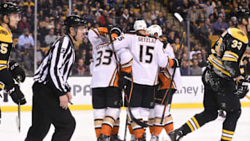 BOSTON, MA - JANUARY 30: The Anaheim Ducks celebrate a goal against the Boston Bruins at the TD Garden on January 30, 2018 in Boston, Massachusetts. (Photo by Steve Babineau/NHLI via Getty Images)