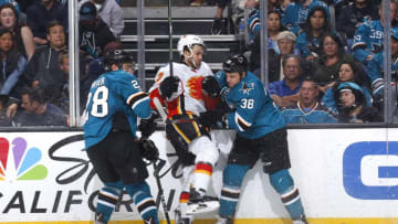 SAN JOSE, CA - APRIL 08: Dougie Hamilton #27 of the Calgary Flames skates against Timo Meier #28 and Michael Haley #38 of the San Jose Sharks at SAP Center on April 8, 2017 in San Jose, California. (Photo by Rocky W. Widner/NHL/Getty Images)
