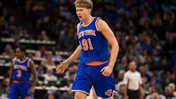 Nov 30, 2016; Minneapolis, MN, USA; New York Knicks forward Mindaugas Kuzminskas (91) during a game at Target Center. The Knicks defeated the Timberwolves 106-104. Mandatory Credit: Brace Hemmelgarn-USA TODAY Sports