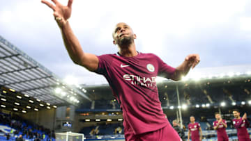LIVERPOOL, ENGLAND - MARCH 31: Vincent Kompany of Manchester City shows appreciation to the fans after the Premier League match between Everton and Manchester City at Goodison Park on March 31, 2018 in Liverpool, England. (Photo by Michael Regan/Getty Images)