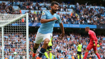 MANCHESTER, ENGLAND - AUGUST 19: Sergio Aguero of Manchester City celebrates after scoring his team's third goal during the Premier League match between Manchester City and Huddersfield Town at Etihad Stadium on August 19, 2018 in Manchester, United Kingdom. (Photo by Alex Livesey/Getty Images)