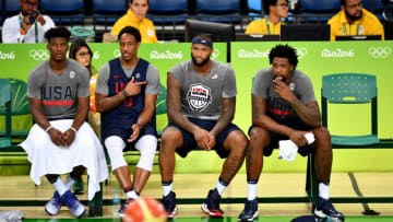 (From L) USA's forward Jimmy Butler, USA's guard Demar Derozan, USA's centre DeMarcus Cousins and USA's centre DeAndre Jordan rest during a basketball training session at the Carioca Arena 1 in Rio de Janeiro, on August 4, 2016 ahead of the Rio 2016 Olympic Games. / AFP / ANDREJ ISAKOVIC (Photo credit should read ANDREJ ISAKOVIC/AFP/Getty Images)