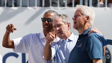 JERSEY CITY, NJ - SEPTEMBER 28: (L-R) Former U.S. President Barack Obama, Former U.S. President George W. Bush and former U.S. President Bill Clinton attend the trophy presentation prior to Thursday foursome matches of the Presidents Cup at Liberty National Golf Club on September 28, 2017 in Jersey City, New Jersey. (Photo by Rob Carr/Getty Images)
