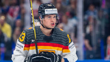 TAMPERE, FINLAND - MAY 28: John Peterka of Germany before a face-off during the 2023 IIHF Ice Hockey World Championship Finland - Latvia game between Canada and Germany at Nokia Arena on May 28, 2023 in Tampere, Finland. (Photo by Jari Pestelacci/Eurasia Sport Images/Getty Images)