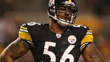 Aug 18, 2011; Pittsburgh , PA, USA; Pittsburgh Steelers linebacker LaMarr Woodley against the Philadelphia Eagles during the first half of the game at Heinz Field in Pittsburgh, PA. Mandatory Credit: Jason Bridge-USA TODAY Sports