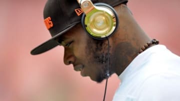 Dec 14, 2014; Cleveland, OH, USA; Cleveland Browns wide receiver Josh Gordon (12) before the game between the Cleveland Browns and the Cincinnati Bengals at FirstEnergy Stadium. Mandatory Credit: Ken Blaze-USA TODAY Sports