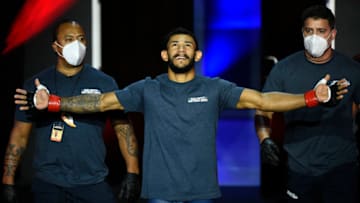 LAS VEGAS, NEVADA - AUGUST 25: Rafael Alves prepares to fight Alejandro Flores in a featherweight bout during week four of Dana White's Contender Series season four at UFC APEX on August 25, 2020 in Las Vegas, Nevada. (Photo by Chris Unger/DWCS LLC/Zuffa LLC)