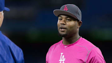 May 8, 2016; Toronto, Ontario, CAN; Los Angeles Dodgers left fielder Carl Crawford (3) looks on during batting practice prior to the game against the Toronto Blue Jays at Rogers Centre. Mandatory Credit: Kevin Sousa-USA TODAY Sports