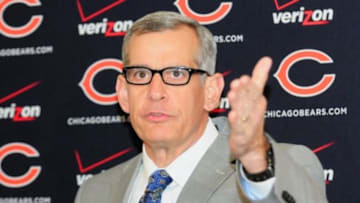 April 26, 2013; Chicago, IL, USA; General manager Phil Emery during a Chicago Bears press conference announcing their first-round selection of guard Kyle Long from Oregon University at Halas Hall. Mandatory Credit: Reid Compton-USA TODAY Sports