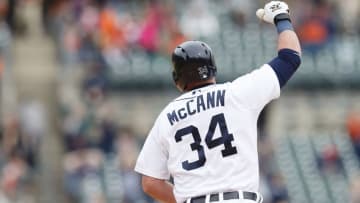 May 21, 2015; Detroit, MI, USA; Detroit Tigers catcher James McCann (34) celebrates his walk off home run in the eleventh inning against the Houston Astros at Comerica Park. Detroit won 6-5 in eleven innings. Mandatory Credit: Rick Osentoski-USA TODAY Sports