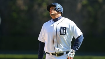 Apr 23, 2016; Detroit, MI, USA; Detroit Tigers first baseman Miguel Cabrera (24) reacts after grounding out against the Cleveland Indians in the seventh inning at Comerica Park. Mandatory Credit: Aaron Doster-USA TODAY Sports