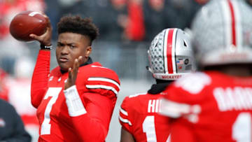 COLUMBUS, OH - NOVEMBER 11: Dwayne Haskins #7 of the Ohio State Buckeyes warms up during a game against the Michigan State Spartans at Ohio Stadium on November 11, 2017 in Columbus, Ohio. Ohio State won 48-3. (Photo by Joe Robbins/Getty Images)