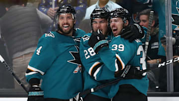 SAN JOSE, CALIFORNIA - MAY 13: Logan Couture #39 of the San Jose Sharks celebrates his goal against the St. Louis Blues with Timo Meier #28 and Brenden Dillon #4 in Game Two of the Western Conference Final during the 2019 NHL Stanley Cup Playoffs at SAP Center on May 13, 2019 in San Jose, California. (Photo by Ezra Shaw/Getty Images)