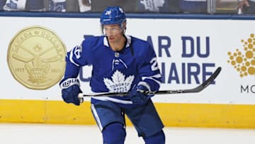 TORONTO, ON - OCTOBER 7: Dominic Moore #20 of the Toronto Maple Leafs skates during the warm-up prior to playing against the New York Rangers in an NHL game at the Air Canada Centre on October 7, 2017 in Toronto, Ontario. The Maple Leafs defeated the Rangers 8-5. (Photo by Claus Andersen/Getty Images)