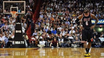 Feb 27, 2014; Miami, FL, USA; Miami Heat small forward LeBron James (6) takes a breather during the second half against the New York Knicks at American Airlines Arena. Mandatory Credit: Steve Mitchell-USA TODAY Sports