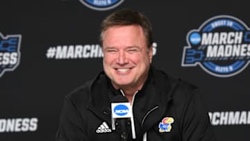 CHICAGO, ILLINOIS - MARCH 24: Head coach Bill Self of the Kansas Jayhawks addresses the media during the NCAA Men's Basketball Tournament Sweet 16 media day at the United Center Center on March 24, 2022 in Chicago, Illinois. (Photo by Mitchell Layton/Getty Images)