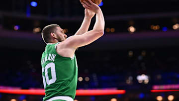 Oct 11, 2023; Philadelphia, Pennsylvania, USA; Boston Celtics guard Svi Mykhailiuk (50) shoots against the Philadelphia 76ers in the second quarter at Wells Fargo Center. Mandatory Credit: Kyle Ross-USA TODAY Sports
