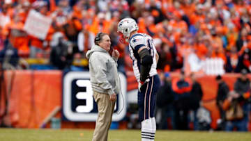 DENVER, CO - JANUARY 24: Head coach Bill Belichick of the New England Patriots speaks to Rob Gronkowski #87 in the fourth quarter against the Denver Broncos in the AFC Championship game at Sports Authority Field at Mile High on January 24, 2016 in Denver, Colorado. (Photo by Ezra Shaw/Getty Images)