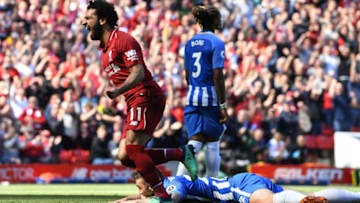 LIVERPOOL, ENGLAND - MAY 13: Mohamed Salah of Liverpool celebrates after scoring his sides first goal during the Premier League match between Liverpool and Brighton and Hove Albion at Anfield on May 13, 2018 in Liverpool, England. (Photo by Michael Regan/Getty Images)