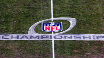 KANSAS CITY, MO - JANUARY 20: A view of the NFL Championships logo before the AFC Championship Game game between the New England Patriots and Kansas City Chiefs on January 20, 2019 at Arrowhead Stadium in Kansas City, MO. (Photo by Scott Winters/Icon Sportswire via Getty Images)