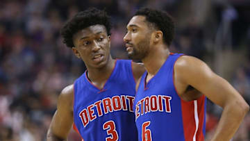 Jan 30, 2016; Toronto, Ontario, CAN; Detroit Pistons forward Stanley Johnson (3) talks to forward Darrun Hilliard (6) against the Toronto Raptors at Air Canada Centre. The Raptors beat the Pistons 111-107. Mandatory Credit: Tom Szczerbowski-USA TODAY Sports