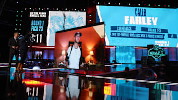 CLEVELAND, OHIO - APRIL 29: NFL Commissioner Roger Goodell announces Caleb Farley as the 22st selection by the Indianapolis Colts during round one of the 2021 NFL Draft at the Great Lakes Science Center on April 29, 2021 in Cleveland, Ohio. (Photo by Gregory Shamus/Getty Images)