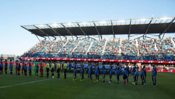 Jul 16, 2016; San Jose, CA, USA; Starting eleven for Toronto FC and San Jose Earthquakes on the field with youth escorts before the game at Avaya Stadium. Mandatory Credit: Kelley L Cox-USA TODAY Sports
