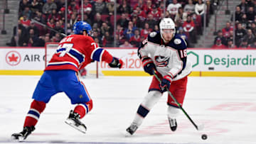 Feb 2, 2020; Montreal, Quebec, CAN; Pierre-Luc Dubois and Montreal Canadiens defenseman Brett Kulak. Mandatory Credit: Eric Bolte-USA TODAY Sports