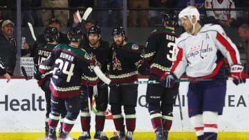 Dec 4, 2023; Tempe, Arizona, USA; Arizona Coyotes left wing Jason Zucker (16) celebrates with teammates after scoring a goal against the Washington Capitals in the first period at Mullett Arena. Mandatory Credit: Mark J. Rebilas-USA TODAY Sports