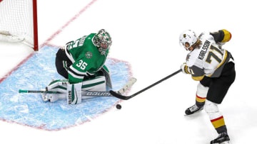 Anton Khudobin #35 of the Dallas Stars makes the save against William Karlsson #71 of the Vegas Golden Knights. (Photo by Bruce Bennett/Getty Images)