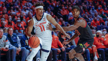 CHAMPAIGN, IL - JANUARY 06: Alfonso Plummer #11 of the Illinois Fighting Illini drives to the basket during the game against the Maryland Terrapins at State Farm Center on January 6, 2022 in Champaign, Illinois. (Photo by Michael Hickey/Getty Images)