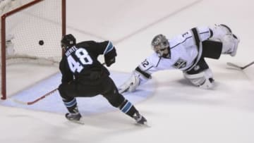 April 17, 2014; San Jose, CA, USA; San Jose Sharks center Tomas Hertl (48) scores a goal past Los Angeles Kings goalie Jonathan Quick (32) during the first period in game one of the first round of the 2014 Stanley Cup Playoffs at SAP Center at San Jose. Mandatory Credit: Kyle Terada-USA TODAY Sports