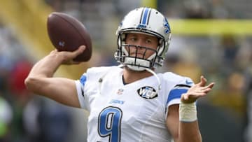 Sep 25, 2016; Green Bay, WI, USA; Detroit Lions quarterback Matthew Stafford (9) warms up before game against the Green Bay Packers at Lambeau Field. Mandatory Credit: Benny Sieu-USA TODAY Sports