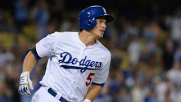 Sep 18, 2015; Los Angeles, CA, USA; Los Angeles Dodgers shortstop Corey Seager (5) rounds the bases after a 2 run home run the fourth inning of the game against the Pittsburgh Pirates at Dodger Stadium. Mandatory Credit: Jayne Kamin-Oncea-USA TODAY Sports
