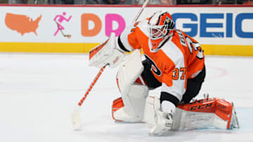 PHILADELPHIA, PA - NOVEMBER 13: Brian Elliott #27 of the Philadelphia Flyers reacts to a shot on goal by the Florida Panthers on November 13, 2018 at the Wells Fargo Center in Philadelphia, Pennsylvania. (Photo by Len Redkoles/NHLI via Getty Images)